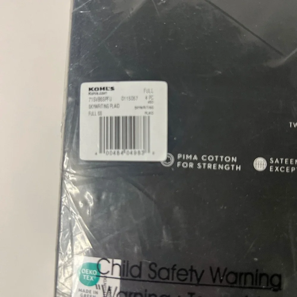 Simply Vera Vera Wang 600TC Pima Cotton Full Sheet Set Skywriting Plaid Gray NIP